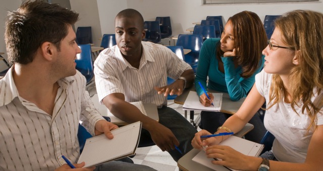 students talking to each other