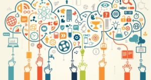 Infographic of hands raised with numerous digital elements in bubbles