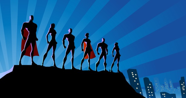 Superheroes stand on top of building representing online discussion board