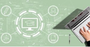 Student types online with mission-oriented icons surrounding computer