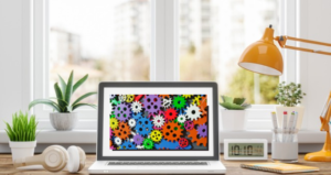Computer screen with creative gears on screen