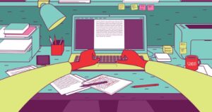 Cartoon features stretched arms writing on computer and notes everywhere on desk