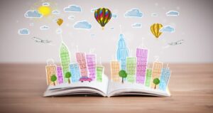 Book with a story coming out from the pages full of color and a city landscape