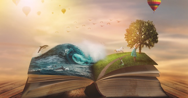 Open book with a seaside and tree landscape emerging from book