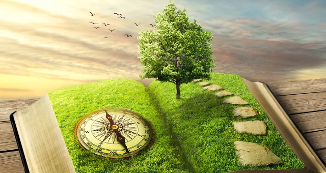 Book is opened to a page coming to life with greenery, a compass and a tree
