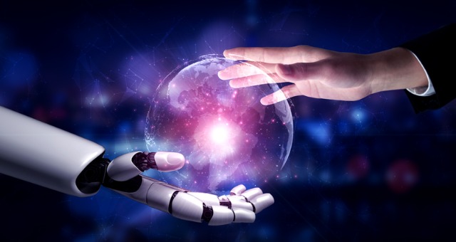 Robot hand and human hand with technology ball