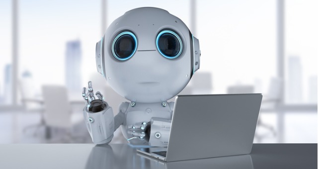 Robot waving while at computer