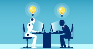 Robot and person sitting across from each other with lightbulbs and computers