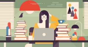 Cartoon image of woman working at desk with books and computer
