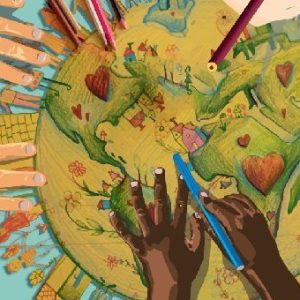 Hands from different ethnicities come together to draw the world