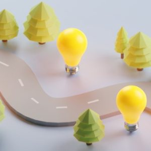 Creative journey process with road, lightbulbs and trees
