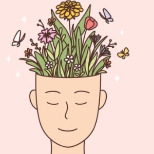 Person with flowers and plants coming from head to represent growth