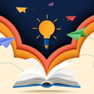 Open book with ideas and lightbulb coming from it