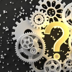 Question mark with gears behind it